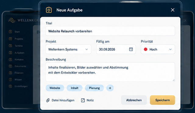 Fokusansicht zur Bearbeitung einer Aufgabe über dem bestehenden Leitstand