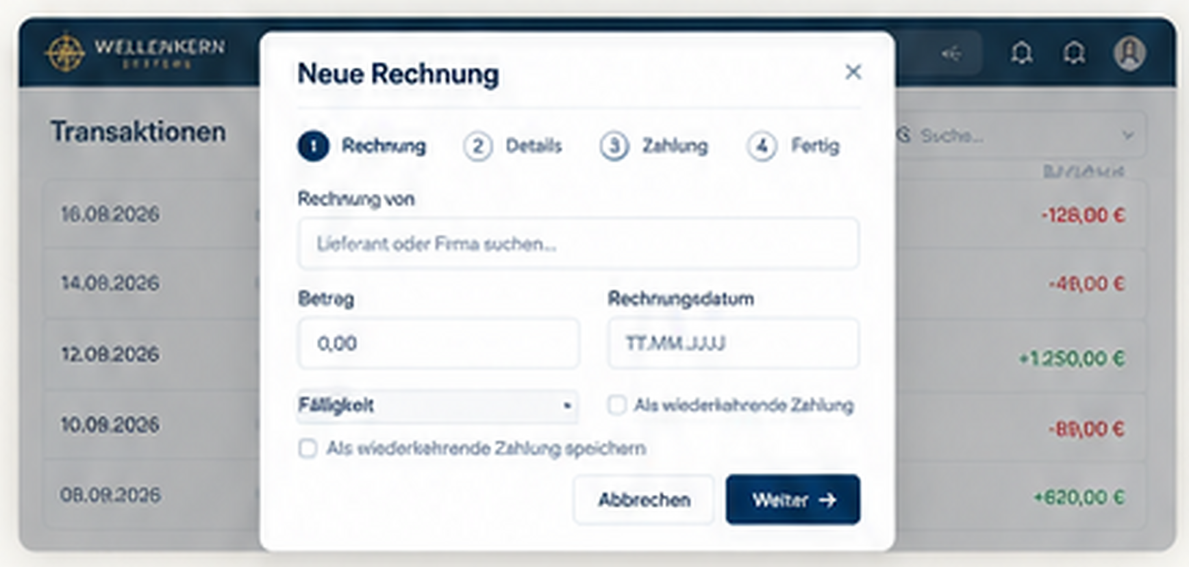 Neue Rechnung direkt über der bestehenden Transaktionsansicht erfassen