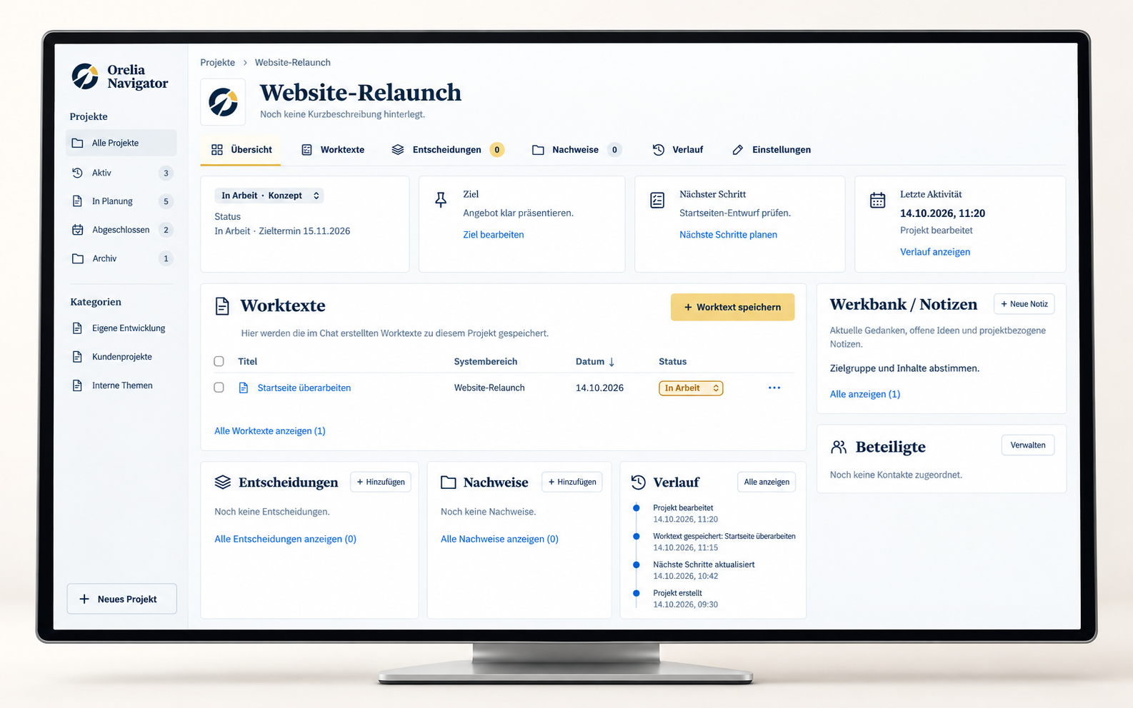 Orelia-Projektübersicht am Beispiel Website-Relaunch mit Worktexten, Notizen, Entscheidungen, Nachweisen und Verlauf